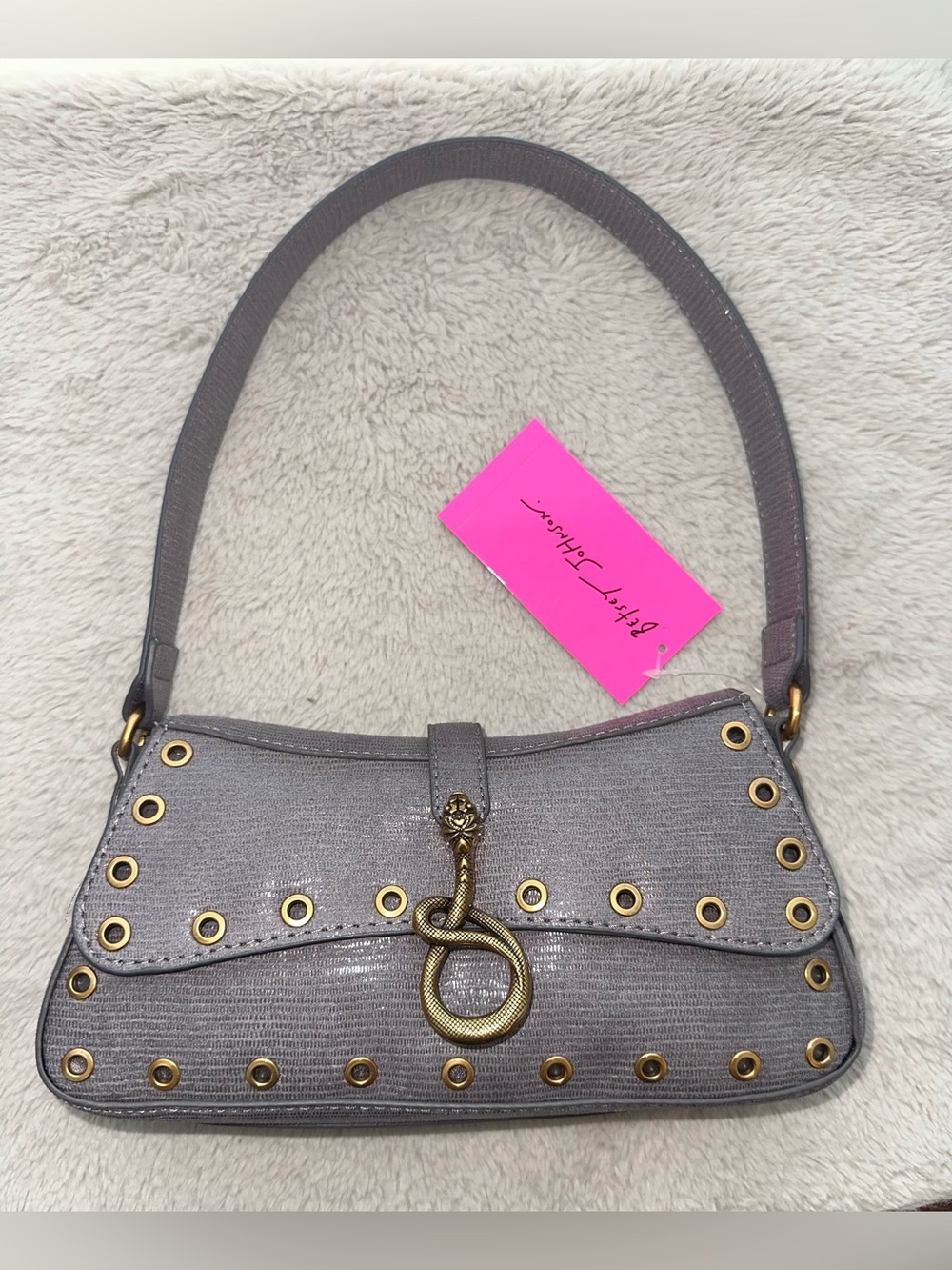 Betsey Johnson XOISLA-S Gray Snakeskin Shoulder Bag with Gold Accents